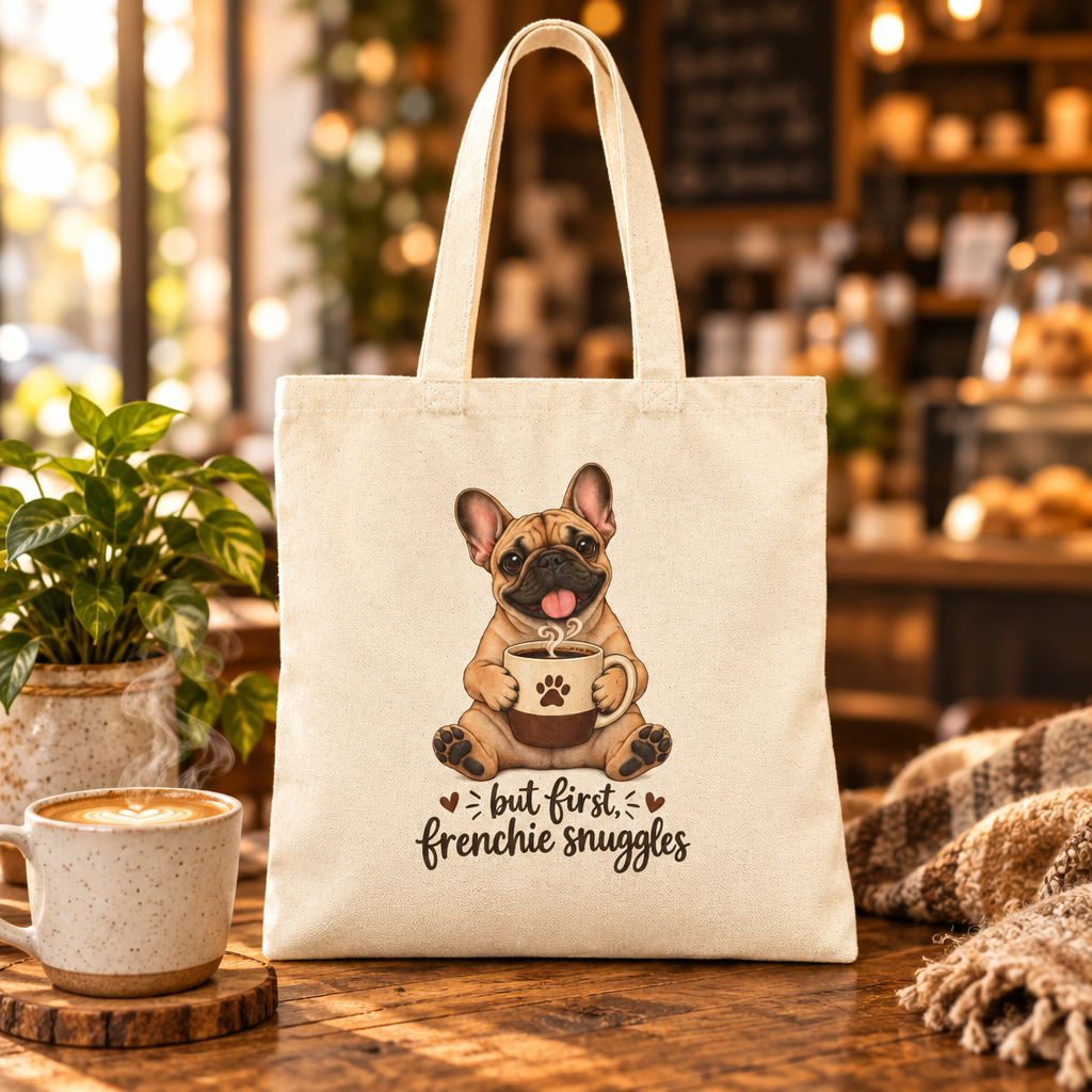 Cotton Tote Bag — "But First, Frenchie Snuggles" Cute French Bulldog Grocery/Market Tote