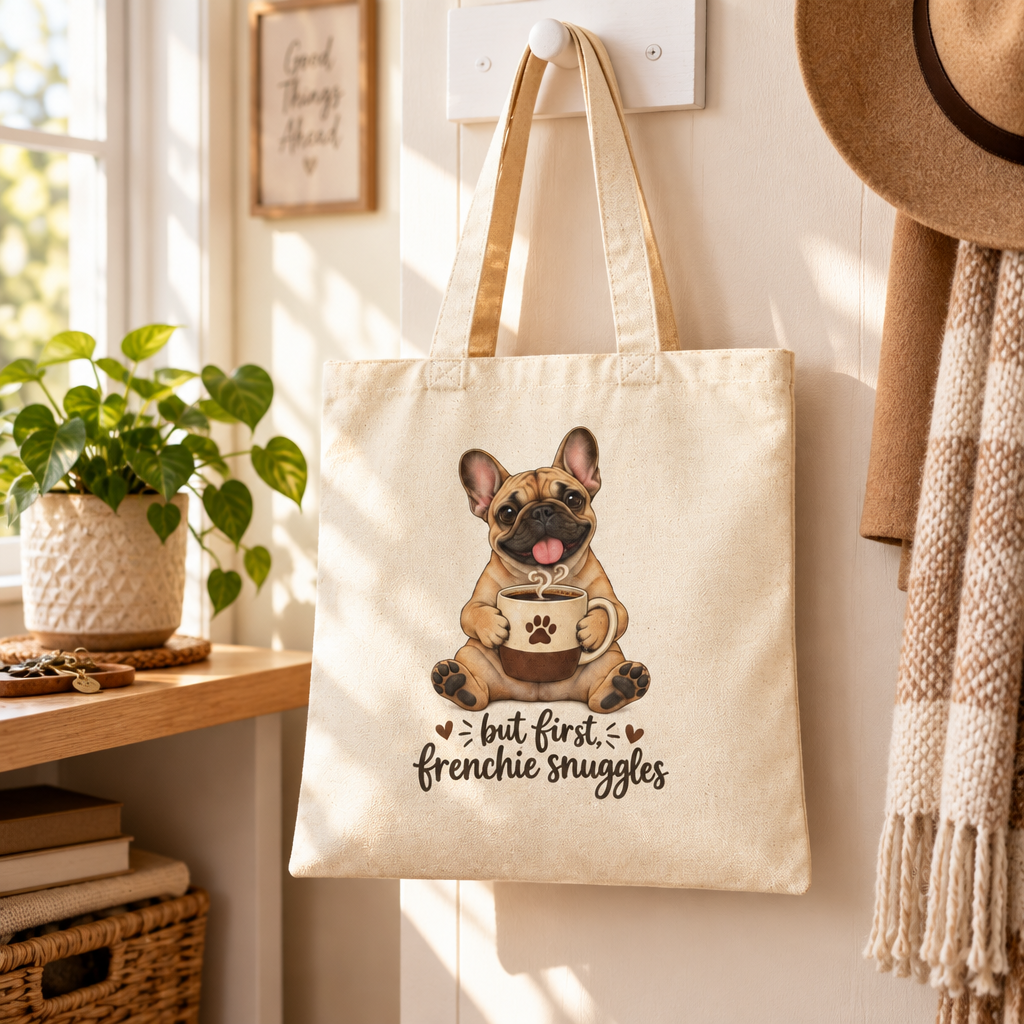Cotton Tote Bag — "But First, Frenchie Snuggles" Cute French Bulldog Grocery/Market Tote