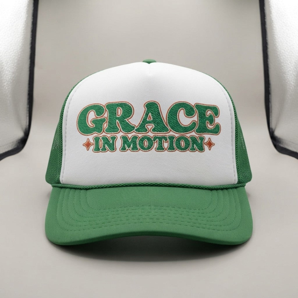 Grace In Motion Trucker Hat — Retro Foam Mesh Cap