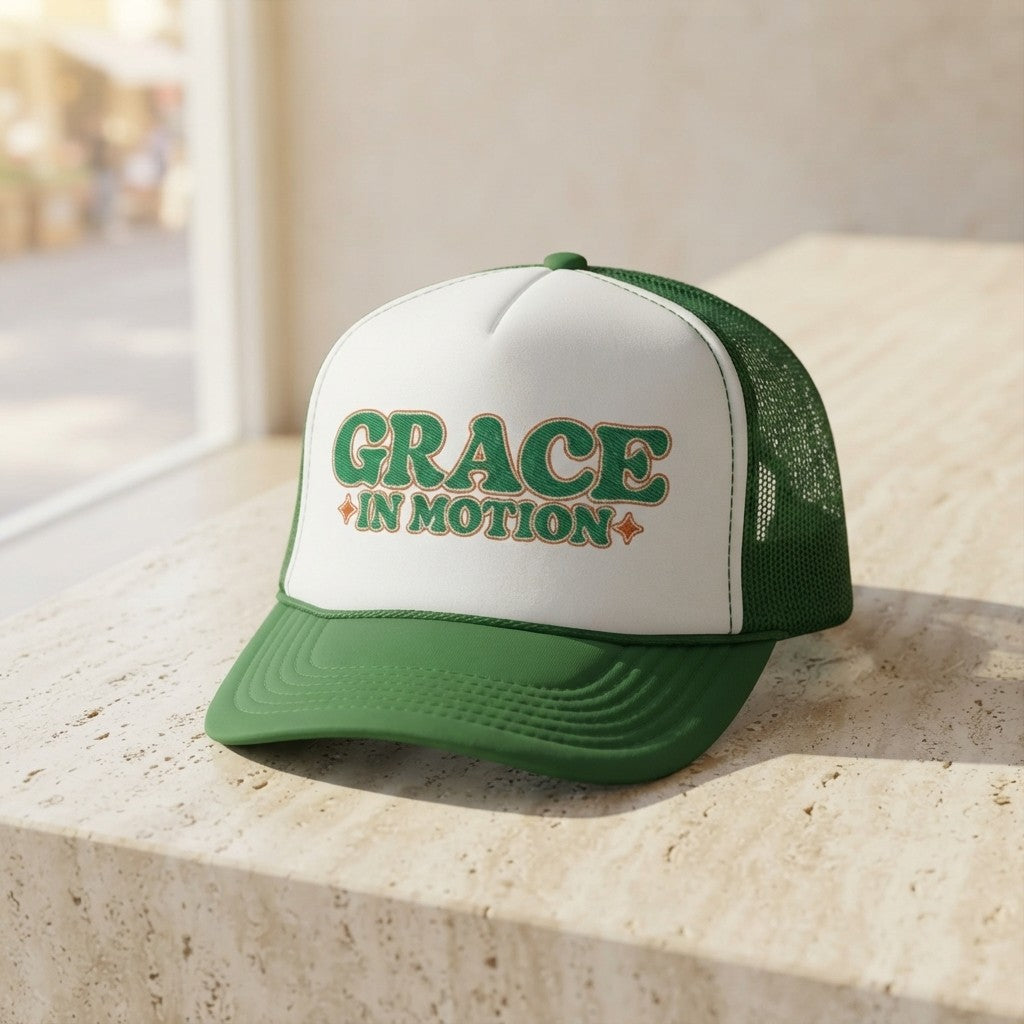 Grace In Motion Trucker Hat — Retro Foam Mesh Cap